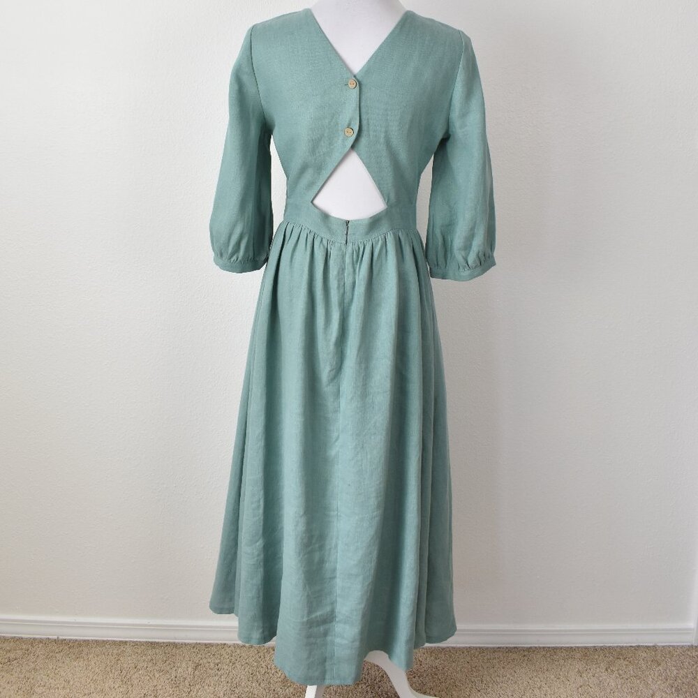 Linen Handmade Studio Open Back Madeleine Midi Dress Teal - 6 - Picture 6 of 11